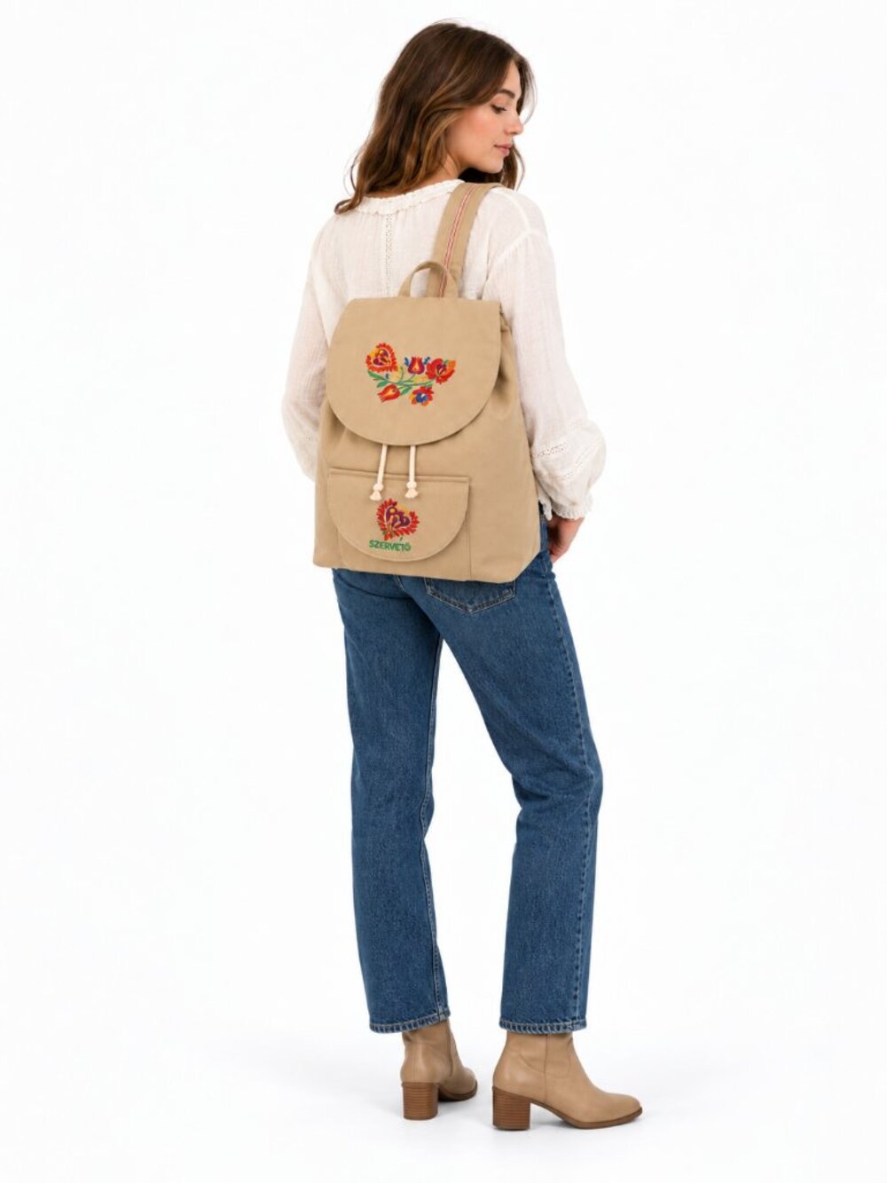 Szervető Matyó Embroidered Backpack Made in Hungary Beige Boho Folk Art